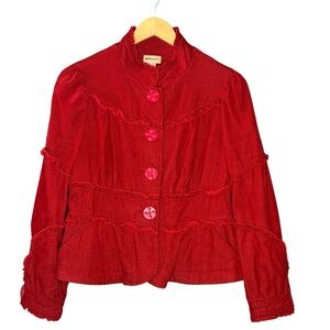 Elevenses Anthropologie jacket red ruffle detail button down corduroy casual 6